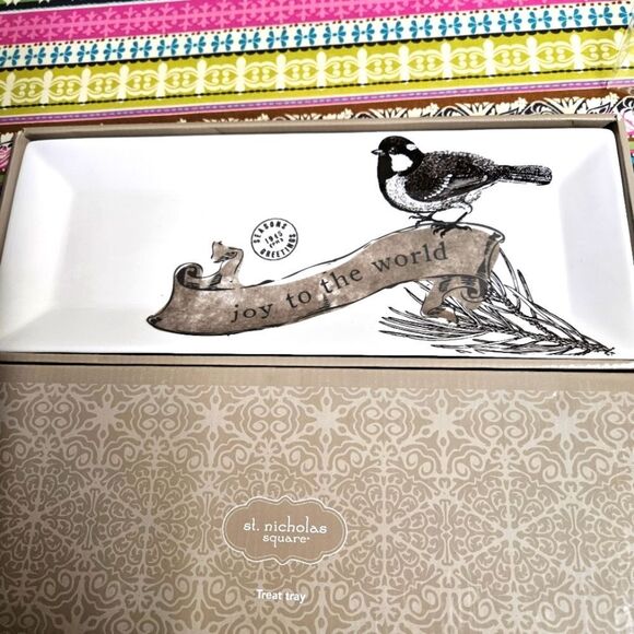 St. Nicholas Square Bird on Branch Joy to the World Fluted Ceramic Treat Tray - Picture 1 of 9